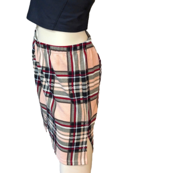 Plaid size 10 large plaid black and peach midi skirt elastic waist nwot - Picture 4 of 10